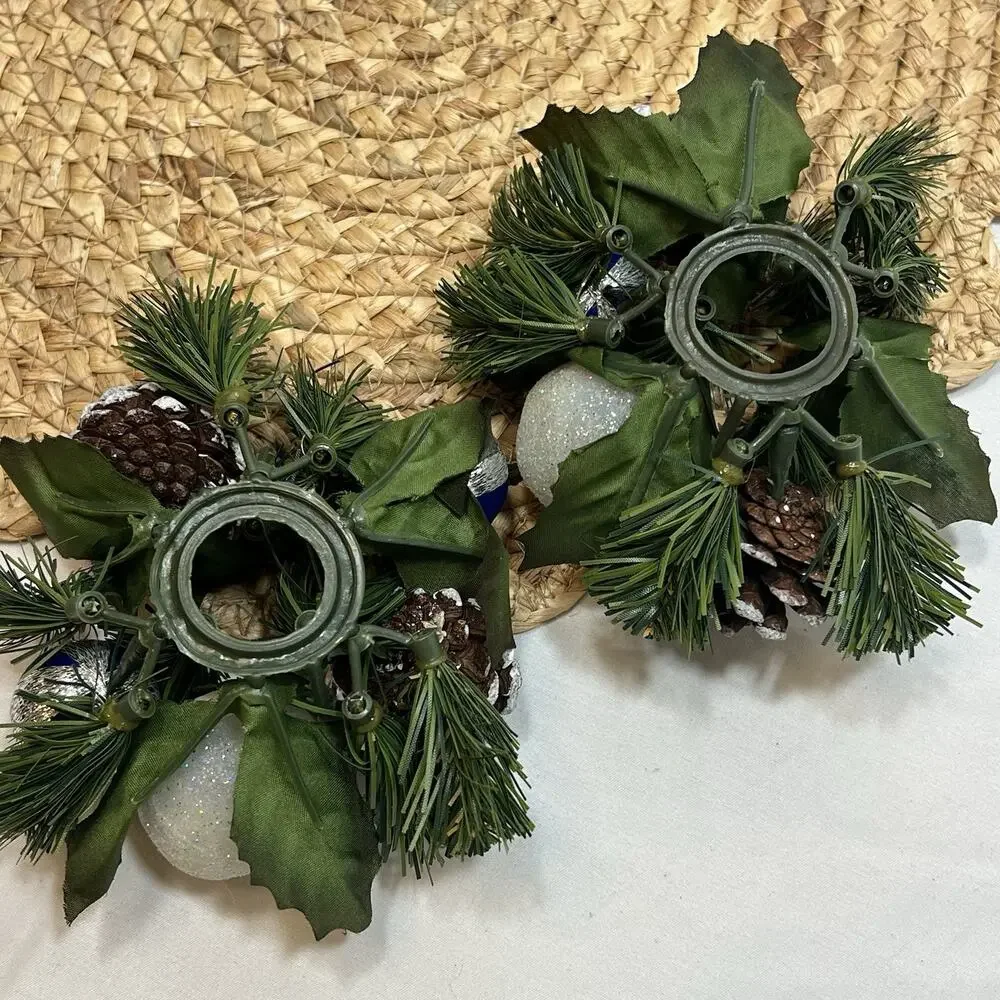 Vintage Set of 2 Blue & Silver Apple Pinecones Satin Ball Taper Candle Rings